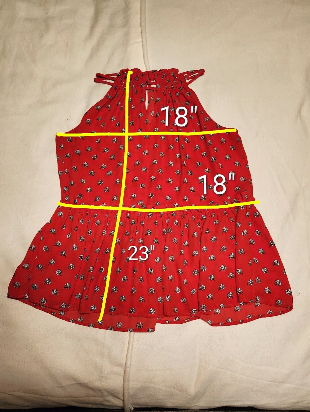 Loft Tiny Floral Shirred Keyhole Halter Sleeveless Red/White Peplum Top Medium - Picture 8 of 8